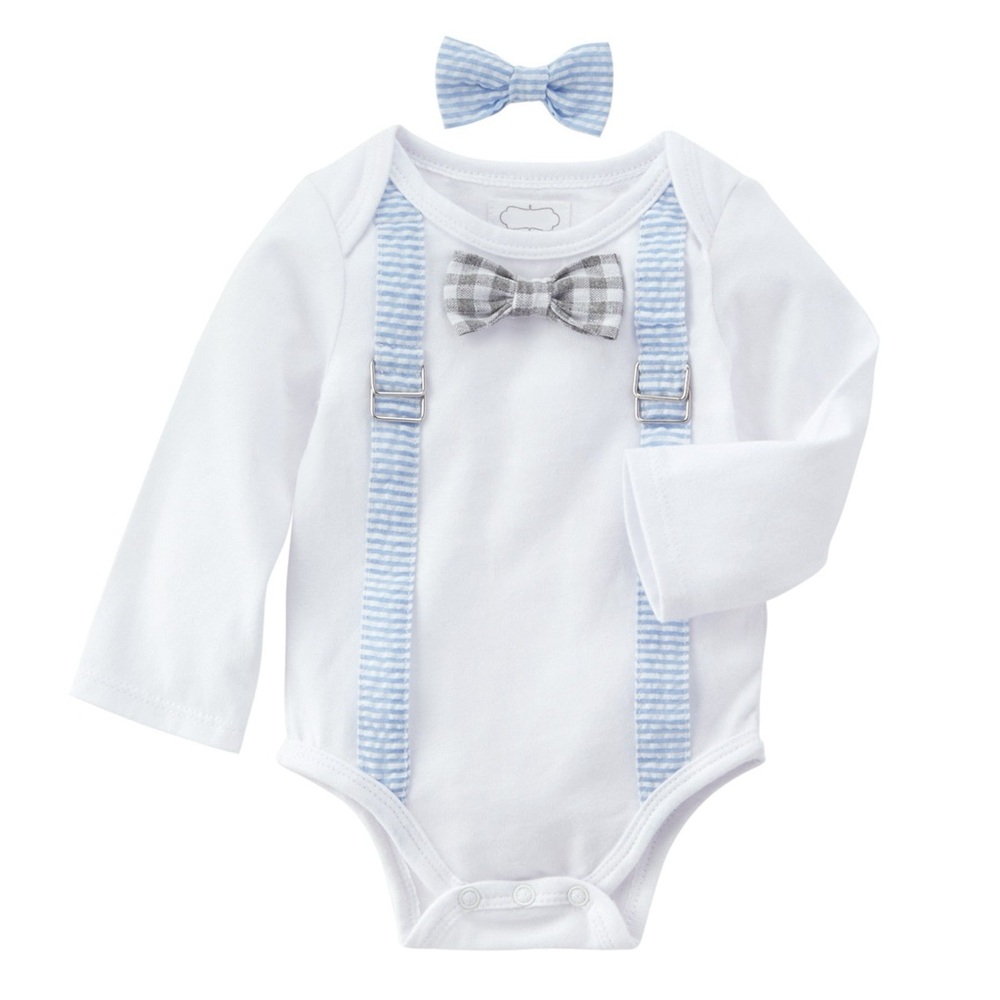 Mud Pie White and Blue Bodysuit with 2 Bow Ties